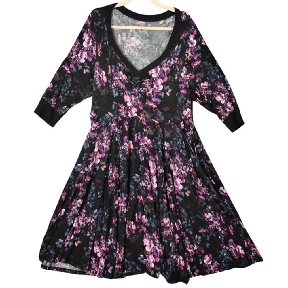 Torrid Womens Whimsigoth Dark Floral Plush Knit Dress 2X Black Purple Pockets